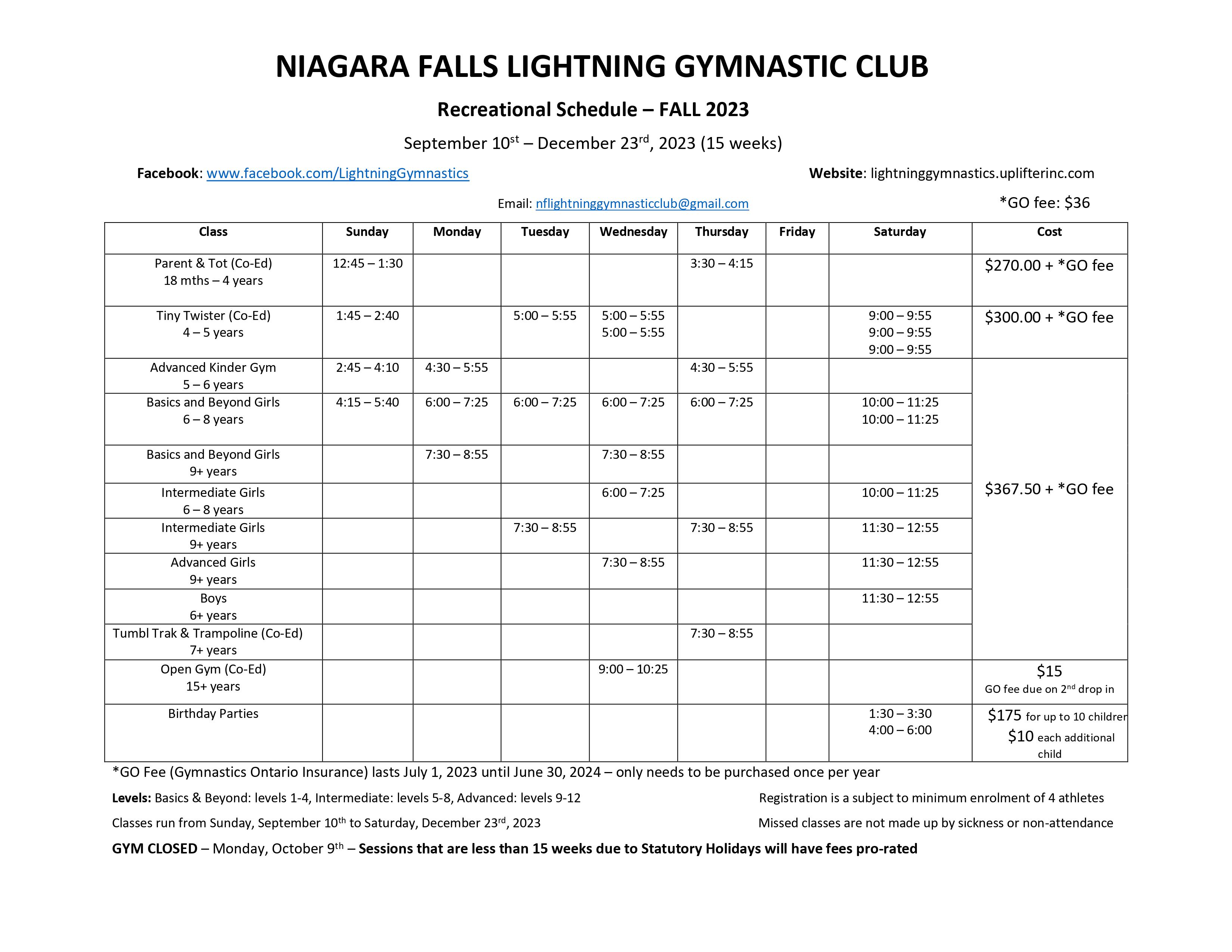 Fall 2023 Recreational Schedule and Registration Niagara Falls